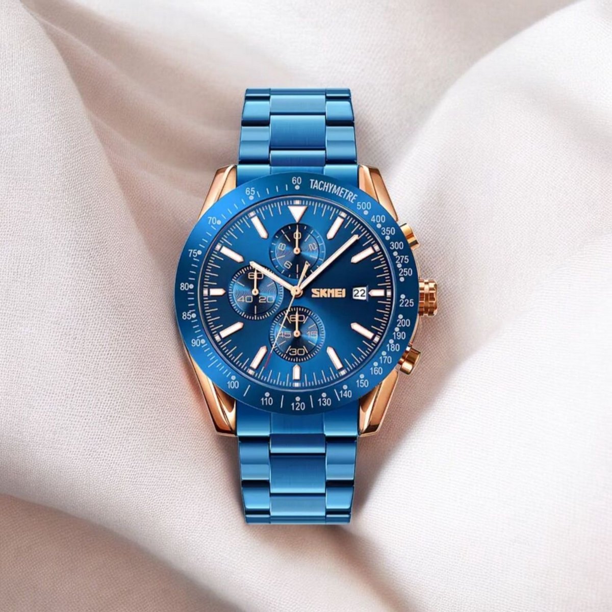 SKMEI Heren Chronograaf Horloge Rose gold - blauw - Quartz Beweging met Datum en Stopwatch - Robuust Zinc Legering Design in 4 Kleuren