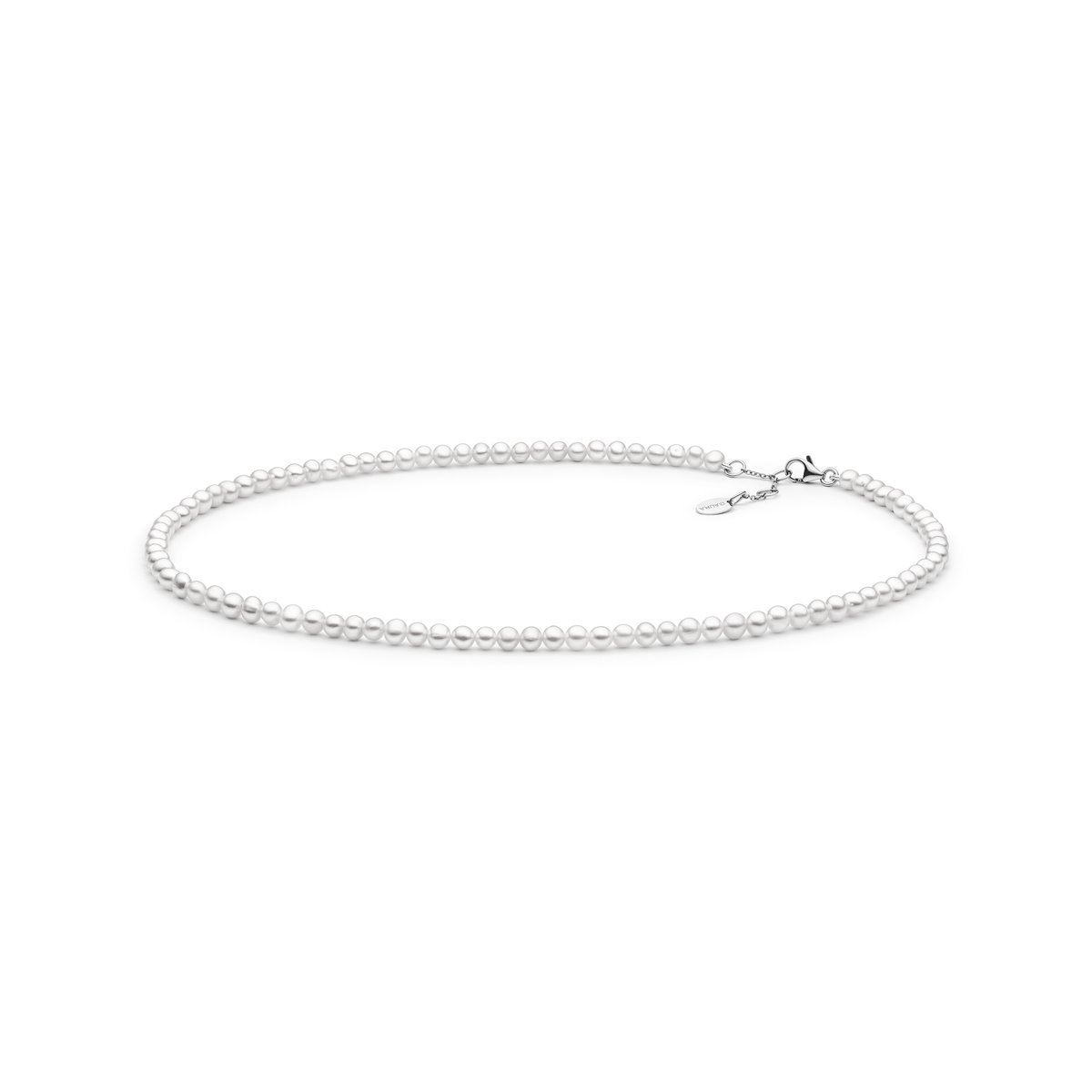 Gaura -Parelcollier – Lengte 37 cm – Witte ronde gekweekte zoetwaterparels 4,5–5 mm – 925 zilver met rhodium vergulde ketting en sluiting