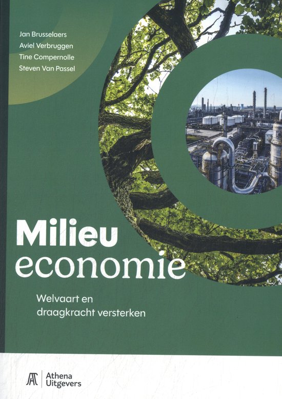 Boekomslag met de titel 'Milieueconomie'. Een tak met bladeren vormt een cirkel. Op de achtergrond een industrieterrein.