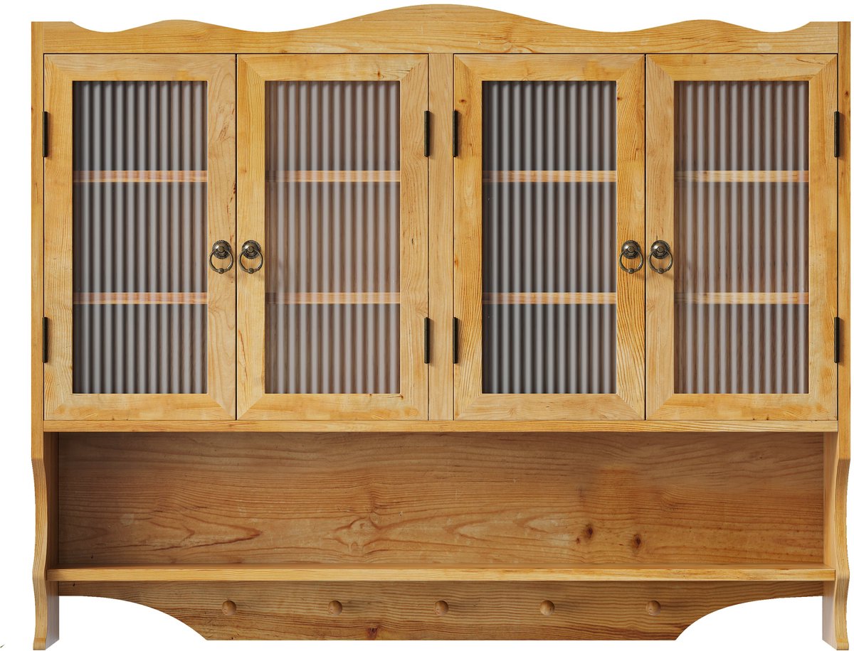 Merax Retro Wandkast 100CM - 4 Deuren - 2 Opslaglagen met Open Haakrek - Voor Badkamer - Keuken of Eetkamer - Hout en Glas - Natuurlijk