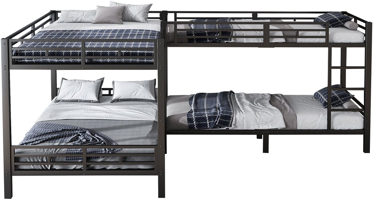 Merax Metalen Stapelbed 90x200 cm en 140x200 cm - Stabiel Bed met Houten Lattenbodem - Drie-traps Ladder - Geschikt voor Kinderen en Volwassenen - Zwart (Zonder Matras)