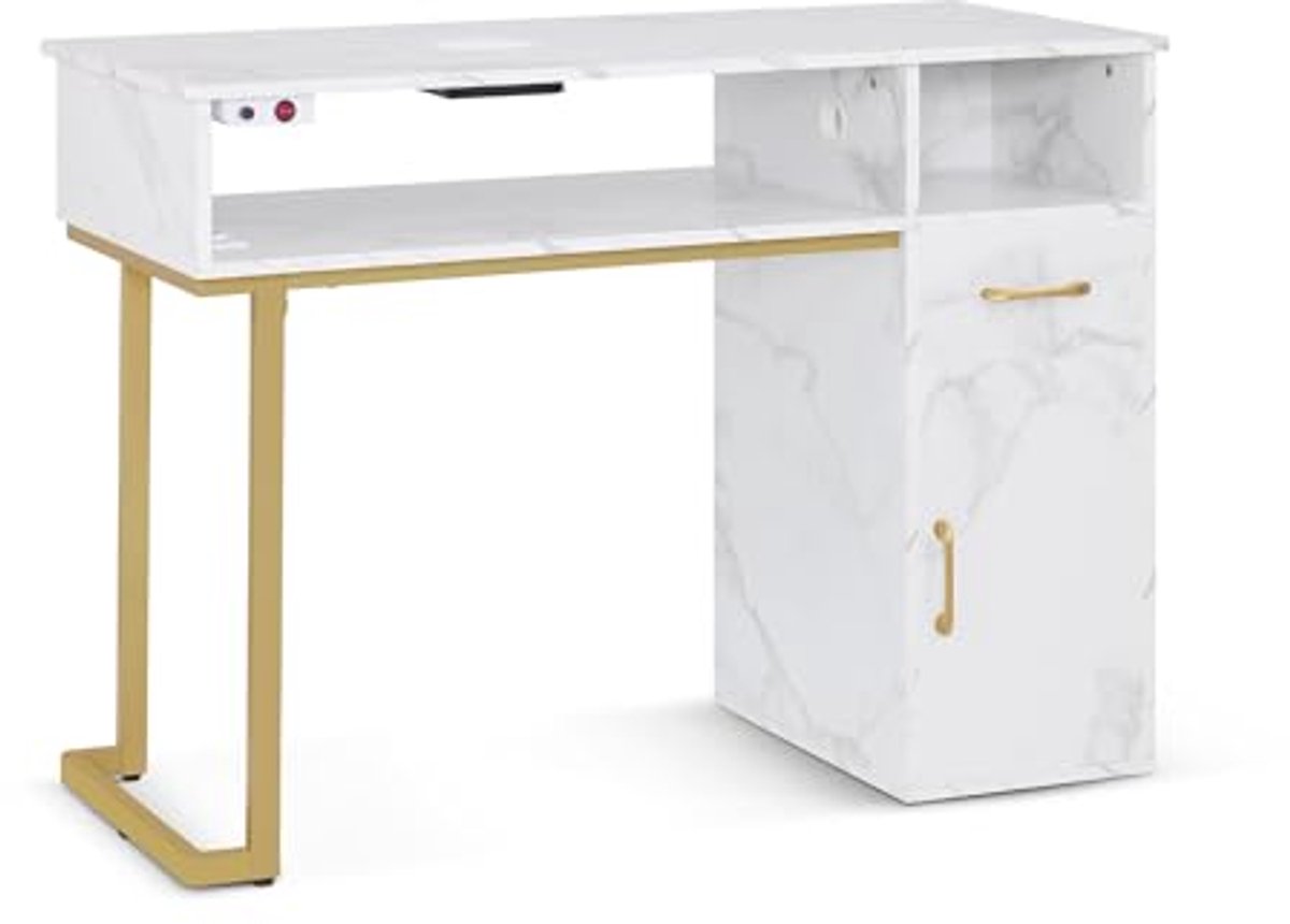 Nageltafel met Lades en Afzuiging – Houten Nagel Tafel voor Schoonheidssalon – Marmer Wit Goud – 50 x 110 x 82 cm