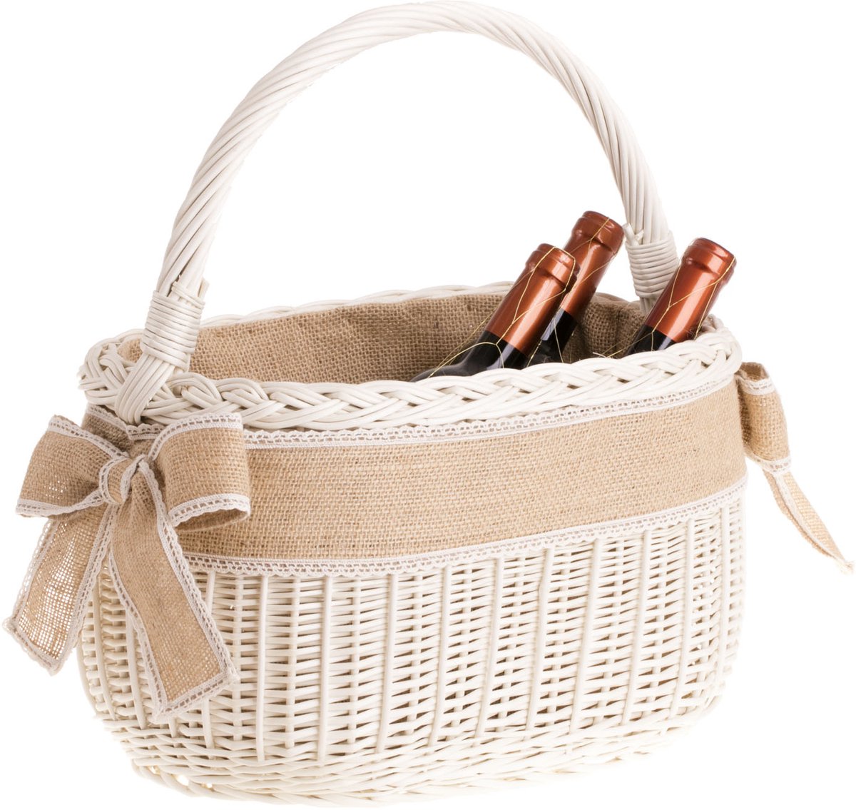 The Wicker Stories - Winkelmandje met Handvat – Handgevlochten Wilgenmand – Gemaakt volgens een Vlechttraditie die is Ingeschreven op de UNESCO-lijst – Whitewash – Met Jute en Kant – Voor Boodschappen en Picknick