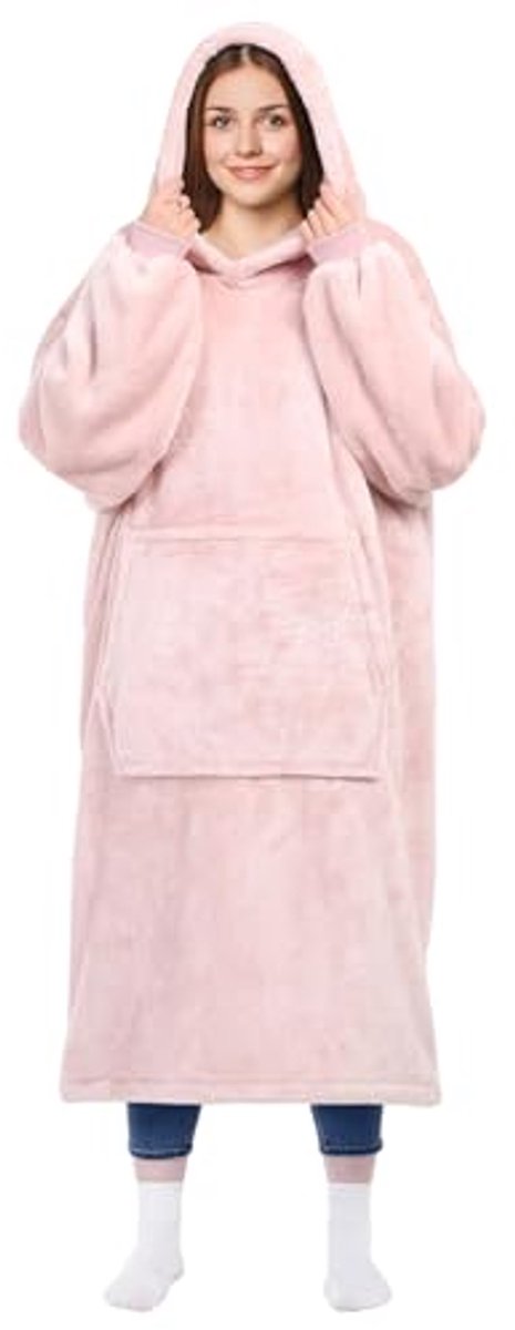 Draagbare Hoodie Deken voor Volwassenen en Kinderen - Over Sized Fleece Deken met Mouwen en Zak - Roze