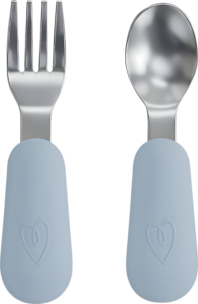 Broemba RVS Kinderbestek - Baby Lepel & Baby Vork met siliconen grip - 100% BPA-vrij Babybestek - Kinder Lepeltje en Vorkje - Blauw Peuterbestek