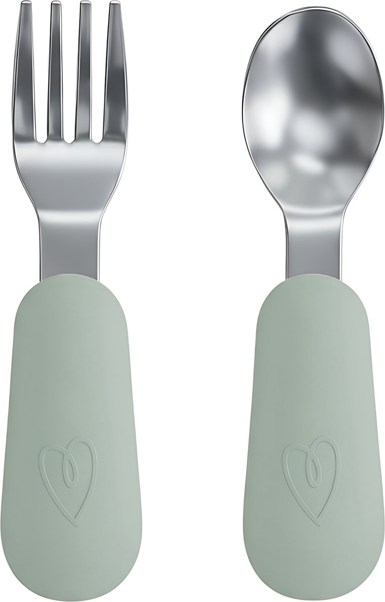 Broemba RVS Kinderbestek - Baby Lepel & Baby Vork met siliconen grip - 100% BPA-vrij Babybestek - Kinder Lepeltje en Vorkje - Groen Peuterbestek