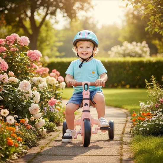 Een jong kind met een helm zit op een roze Deryan loopfiets in een tuin.