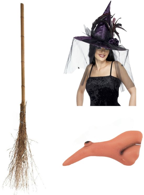 Smiffys Heksen verkleed set - voor dames - heksenhoed - haakneus - heksenbezem van 110 cm - Heksen - Halloween