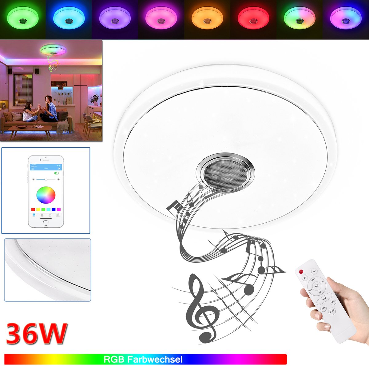 LZQ 36W Dimmbare LED Deckenleuchte Met Bluetooth-Lautspreker, Sternenhimmel Deckenlampe Met RGB-Kleurverandering, Bestuurbaar Via Fernbediening Of App, Geschikt Voor Muziekafspelen In Slaapkamer En Kinderkamer
