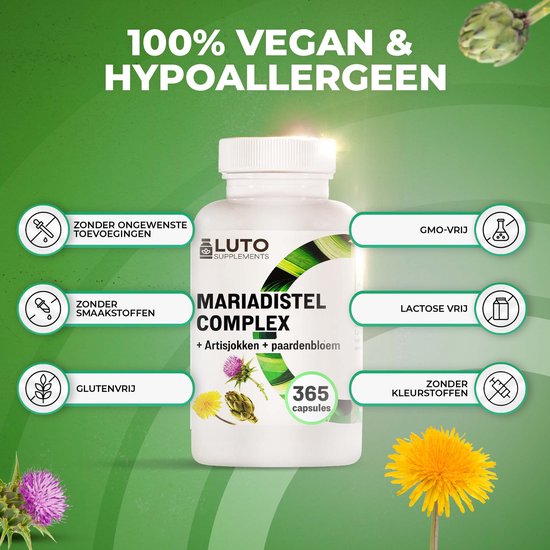 Fles LUTO Mariadistel Complex 365 capsules met artisjok en paardenbloem. Icons met tekst '100% vegan & hypoallergeen'.