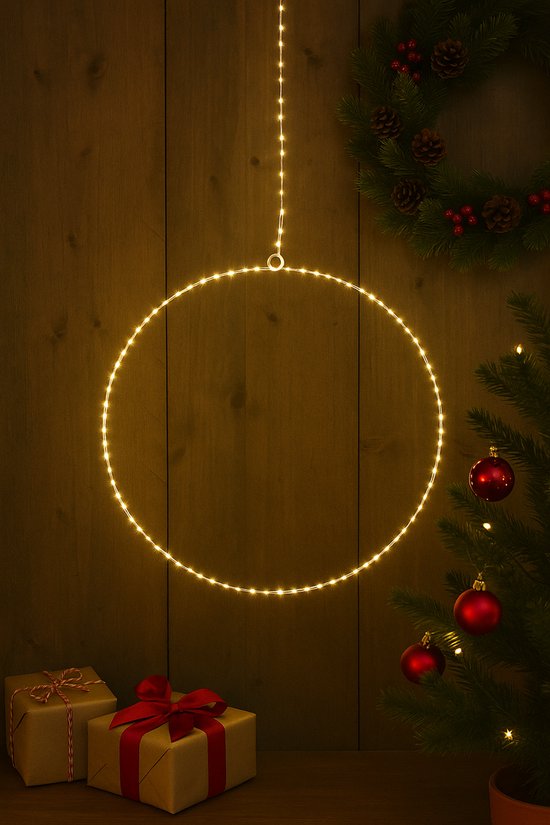 Suspension de Noël ronde noire avec 200 lumières LED blanc chaud D 37 cm