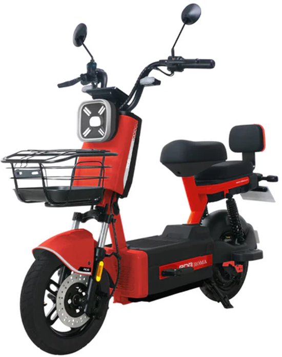 Scooter électrique rouge avec selle noire, panier avant, et inscription 'ROMA'.