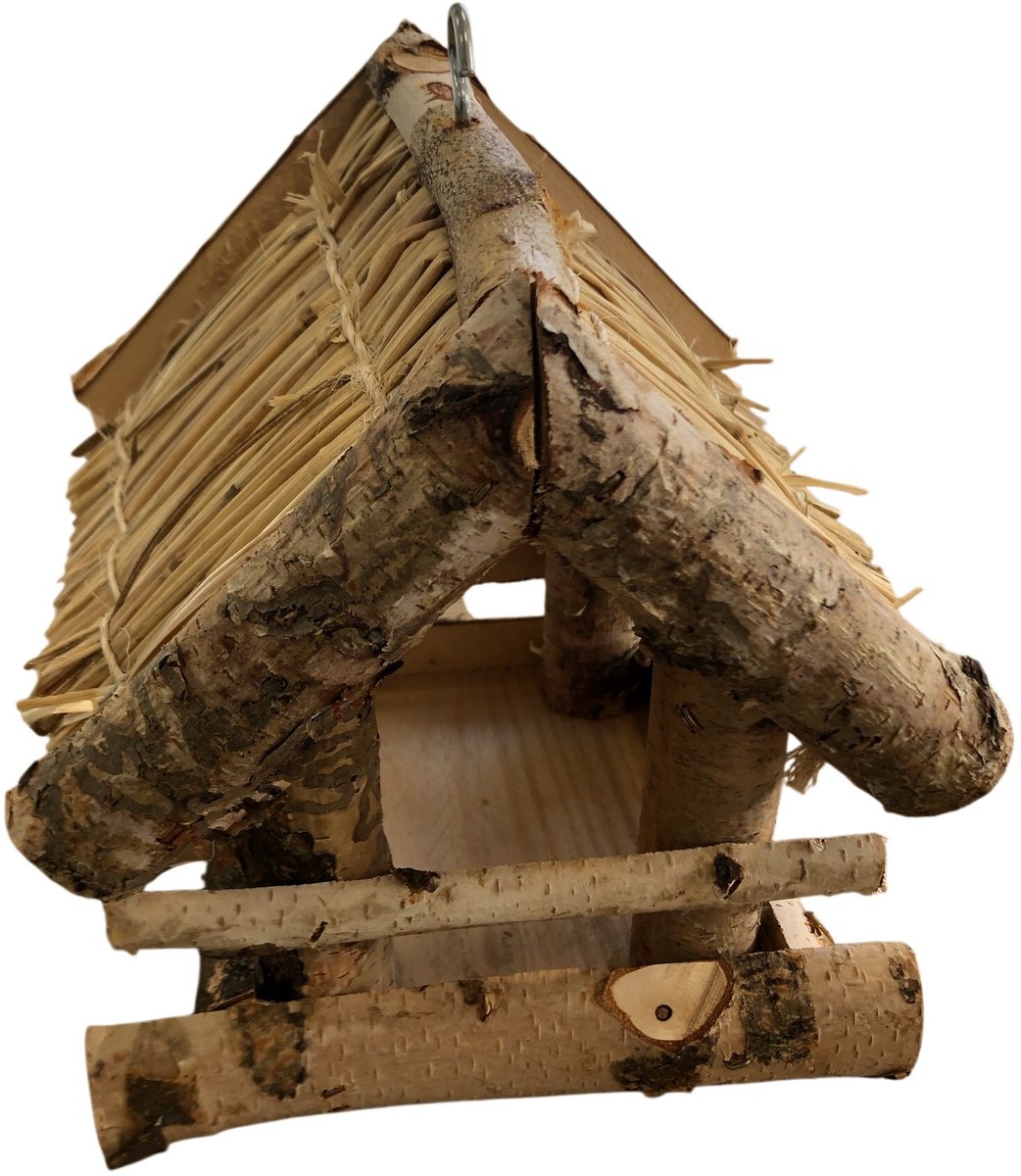 Dutchlander Vogelvoedertafel – Hangend – Berken met Dakje van stro 19 x 19 x 22 cm