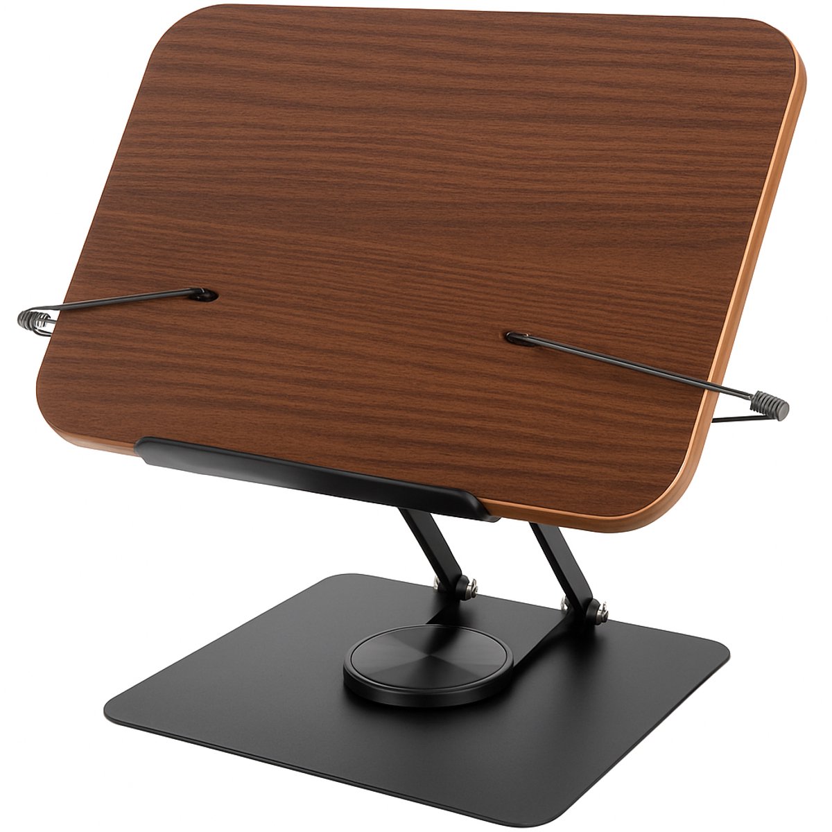 Adore Maison – Houten Boekenstandaard 23,5x18,5 cm – Verstelbare Documenthouder met 360° Draaibare Voet – Tablet & Kookboek Houder – Donker Hout & Zwart Metaal