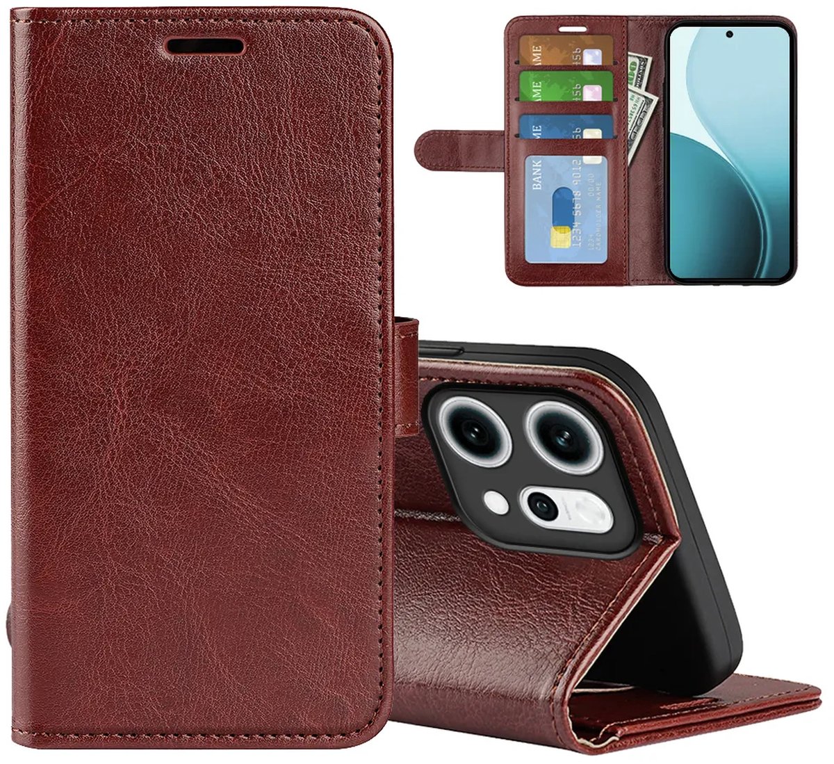 MobyDefend Hoesje - Geschikt voor Oppo Reno14 - Wallet Book Case (Sluiting Achterkant) - Bruin