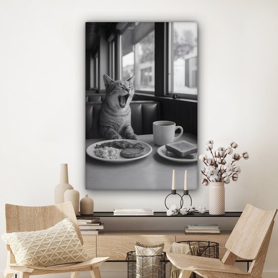 Canvas schilderij 80x120 cm - Exclusieve wanddecoratie Kat - Koffie - Brood - Zwart - Muurdecoratie woonkamer - Slaapkamer decoratie - Kamer accessoires - Schilderijen op canvas