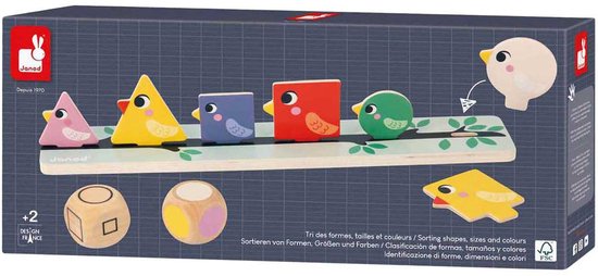 Janod Pedagogie - Vogels Sorteren Op Kleur, Grootte En Vorm - Het Spel Bestaat Uit Twee Takken, 72 Houten Vogels Om Te Plaatsen En 2 Dobbelstenen (Een Met Kleuren En De Andere Met Vormen En Verschillende Groottes) - Geschikt Vanaf 2 Jaar van Janod — afbeelding 2