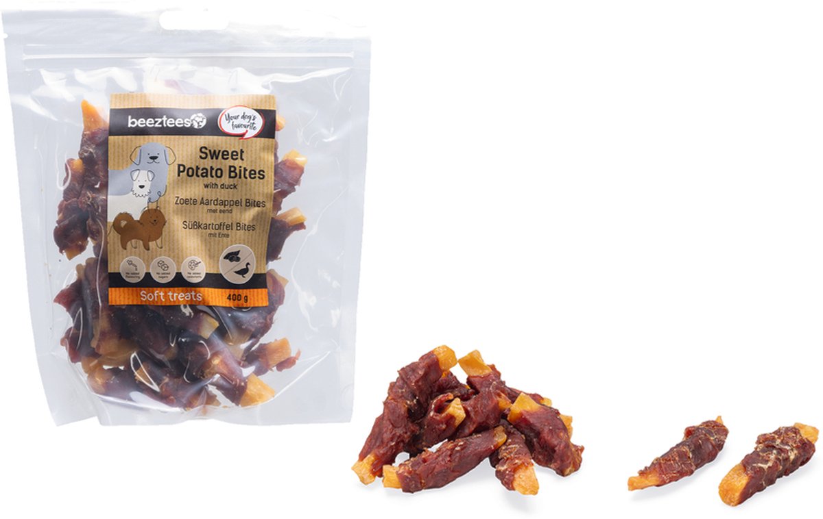 Beeztees Tasty Treats Zoete Aardappel Bites met Eend - Hondensnacks - Hondenkoekjes - Hondensnoepjes - 400 gram