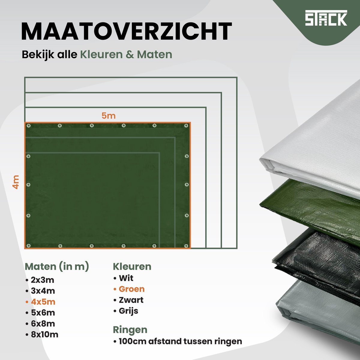 STACK® Extra Sterk Afdekzeil - 4x5m - Donker Groen - 150G/M2 - Waterdicht Bouwzeil & Zeildoek - Zeil Met Ringen - Beschermhoes & Afdekhoes voor Zwembad,Tuin Set,Motor,Scooter,Fietsen,Aanhangwagen,Scootmobiel,BBQ accesoires - Auto Hoes Bescherming — afbeelding 6