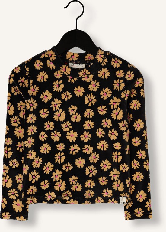 Zwart shirt met all-over bloemenprint in geel en roze. Lange mouwen en hoge hals.