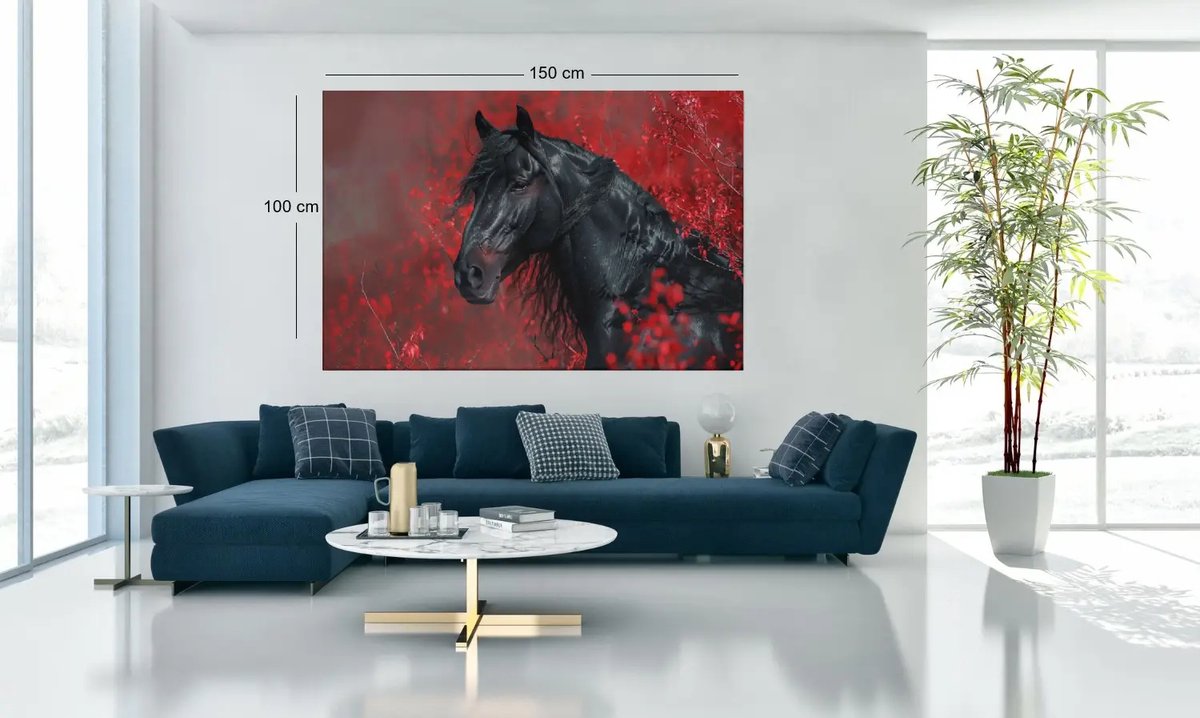 Trendex Global Canvas Schilderij - Zwart Paard met Rode Achtergrond - 60x40x2 cm Rood