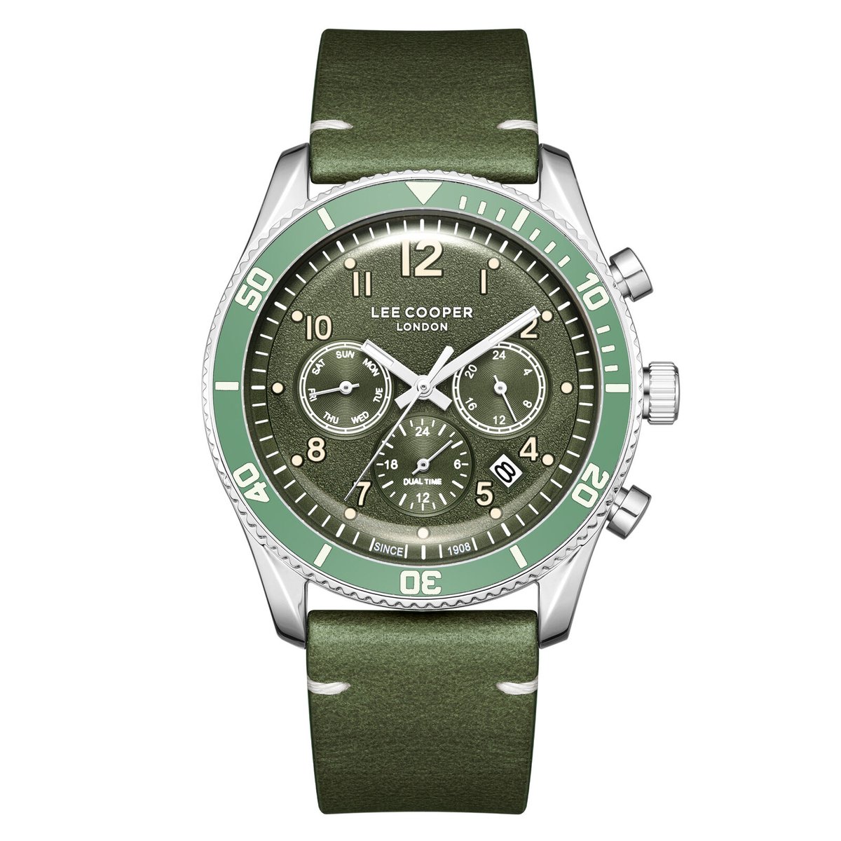 Lee Cooper LC08260.375 - Horloge - Polshorloge - Analoog - Heren - Mannen - Leren band - Metaal - Rond - Strepen - Cijfers - Stippen - Dagaanduiding - Datumaanduiding - Dual time - 12-24 - Zilverkleurig - Donkergroen- Wit - Zwart - Crème
