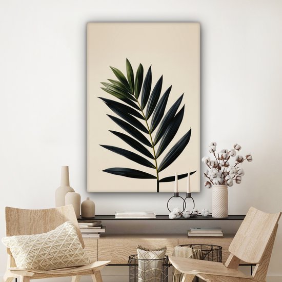Canvas schilderij 80x120 cm - Wanddecoratie Palmblad - Donkere bladen - Subtiel - Muurdecoratie woonkamer - Slaapkamer decoratie - Kamer accessoires - Schilderijen op canvas