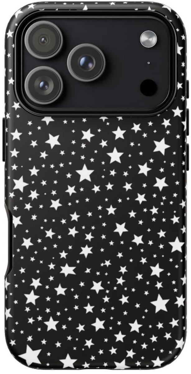 Wit Sterrenpatroon op Zwarte Achtergrond – Mat Stevig Hoesje Geschikt voor iPhone 17 Pro