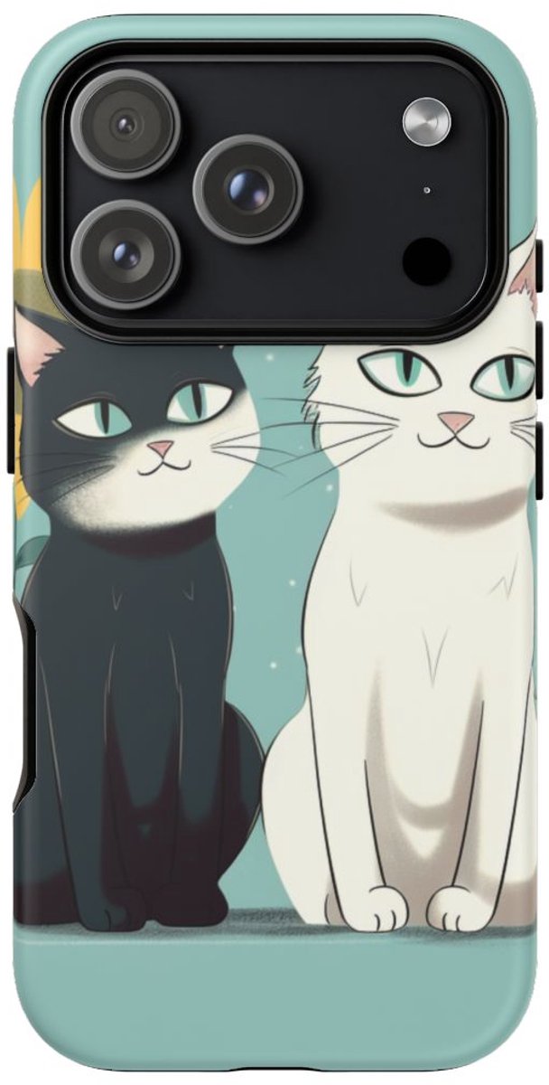 Twee Cartoonkatten met Zonnebloem – Telefoonhoesje Geschikt voor iPhone 17 Pro