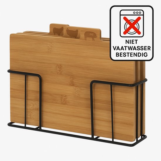 Set van 4 bamboe snijplanken in een zwarte houder. Bovenkant van de planken heeft vormen van dieren: vis, koe, kip, varken. Met pictogram 'niet vaatwasbestendig'.