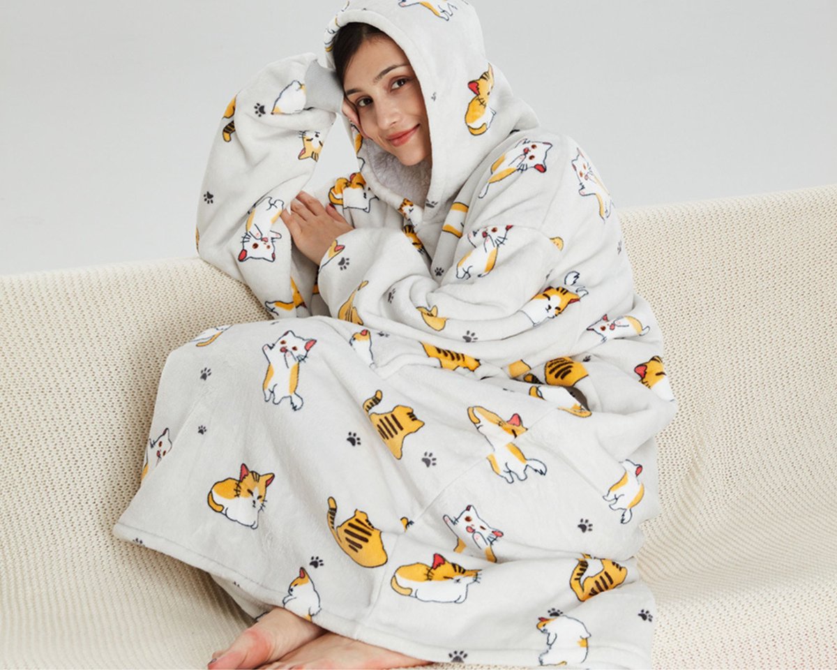 Q-Living Hoodie Deken - Extra Lang & Dik - Plaid Met Mouwen - Snuggle Hoodie - Fleece Deken Met Mouwen - Kat Extra Lang — cadeau in Wonen & Interieur - foto 5