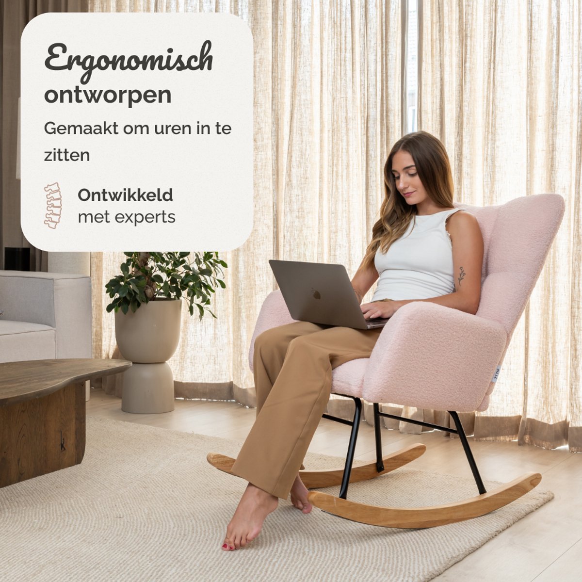 SITTT Schommelstoel - Relaxstoel babykamer - Fauteuil - Voedingsstoel - Licht Roze — afbeelding 11