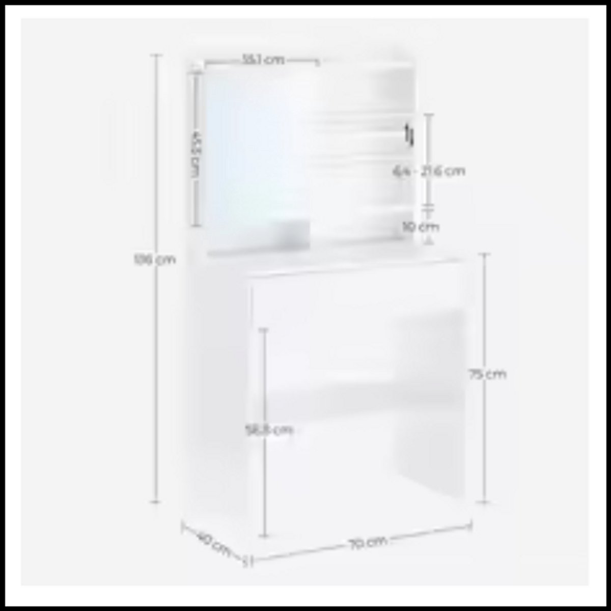Kaptafel met Spiegel – Verstelbare Planken – 70 cm Breed – 1 Lade – Strak Wit – Minimalistisch Design – Incl. Kantelbeveiliging – Compact en Functioneel – Make-uptafel met Opbergruimte