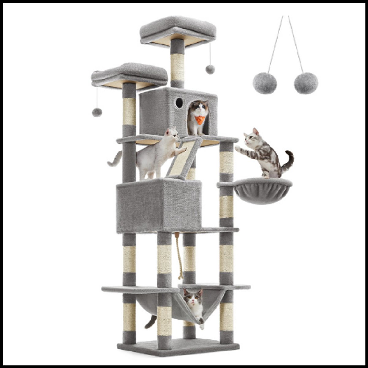 Kattenboom XXL 206 cm - 13 Krabpalen - 2 Platforms - 2 Caves - Mand Hangmat - Pluche Ballen - Lichtgrijs - Multi-Level Klim- en Speelparadijs - Voor Meerdere Katten - Veilig & Stabiel