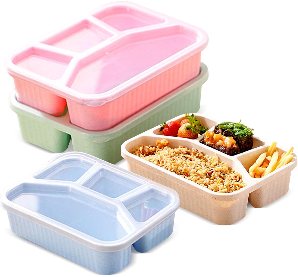 Ibenzoa® Set van 4 herbruikbare snackboxen met vier vakken voor maaltijdbereiding