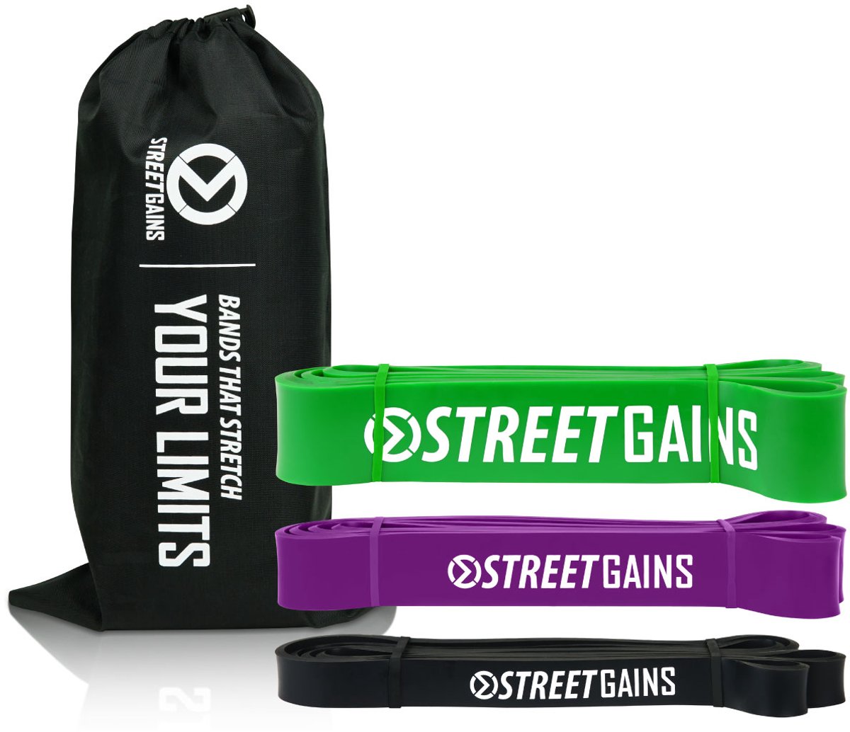 StreetGains® Pull-Up Pack – Power Resistance Bands - 3 Weerstandsbanden – Duurzaam Latex Rubber voor Calisthenics Training en Krachtopbouw – Inclusief Opbergtas & Trainingsgids