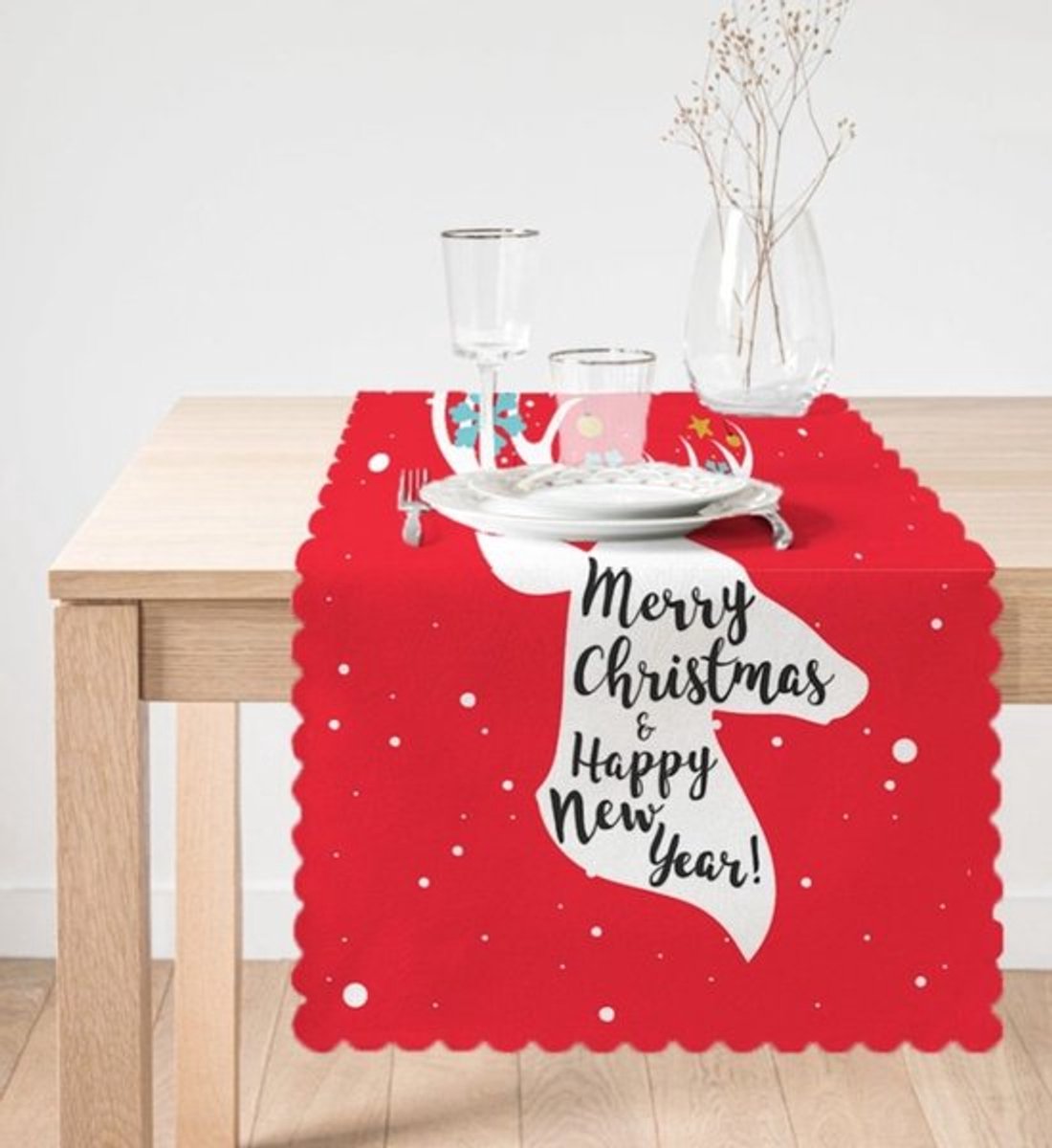 Velvet textiel tafelloper - 45x220 cm - Merry Christmas and Happy New Year - Tafelkleed - Kerst Decor - Runner
