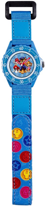 Blauw Paw Patrol horloge met stoffen band, afbeelding van de pups en muntjes