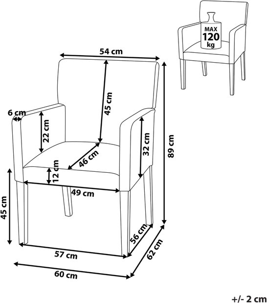 Dessin schématique d'une chaise de salle à manger gris foncé avec dimensions et charge maximale de 120 kg.