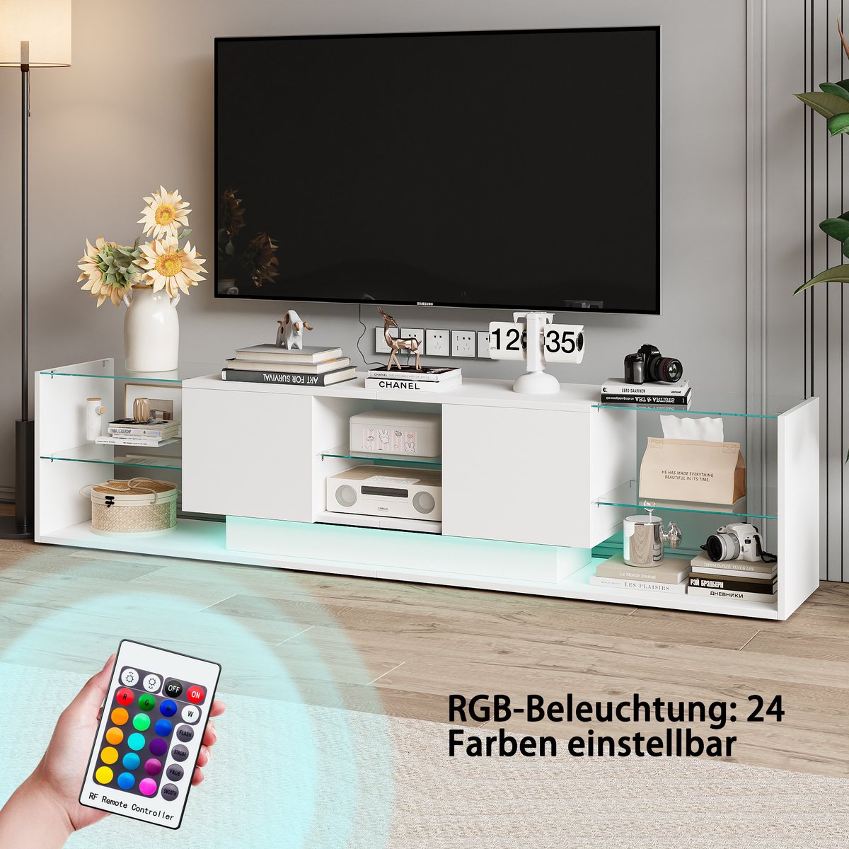 Wit Glanzende TV-kast - Slimme LED-verlichting, 3 Planken en 2 Laden, Modern TV-meubel voor de Woonkamer, 200 x 35 x 45 cm