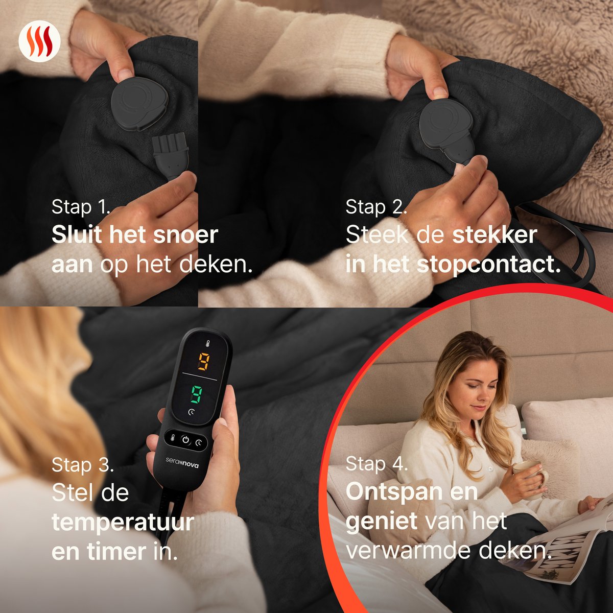 Seranova Elektrische Deken XXL - Extra Warmtedraden - Premium Model - 180x160 cm - 2 persoons Warmtedeken - Dubbelzijdig Fleece Sherpa - Zwart – foto 7
