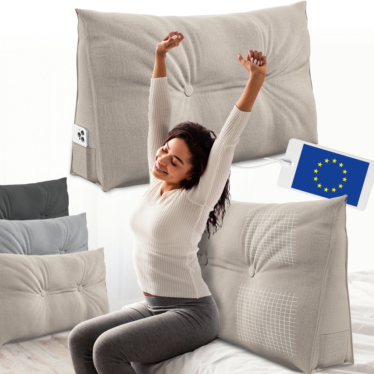 ELONEO Rugsteunkussen – Driehoekig Wigkussen & Hoofdbordkussen voor Bed of Sofa - Wasbare Hoes - 90 cm