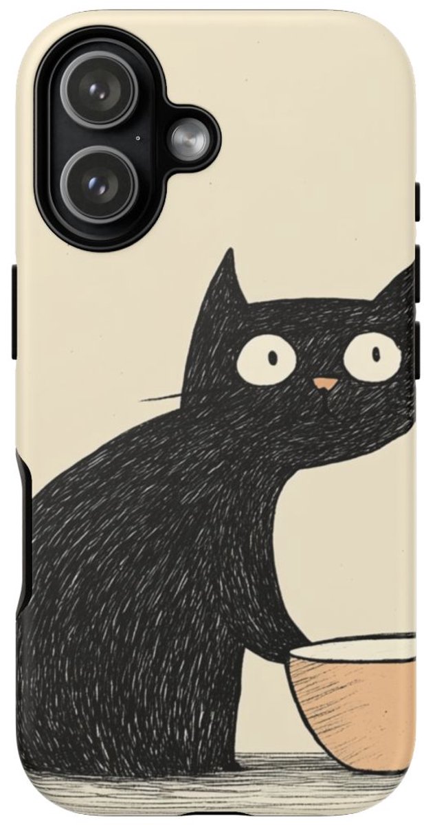 Zwarte Kat met Kom Illustratie – Telefoonhoesje Geschikt voor iPhone 17