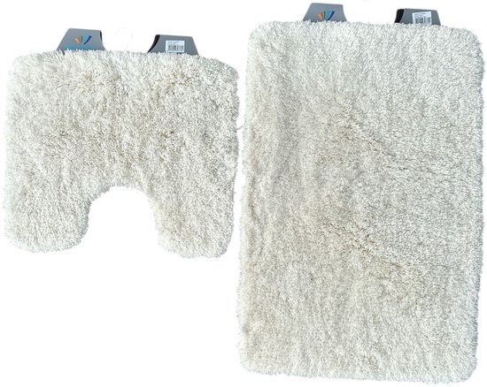 Set van off-white, zachte badmatten met lange pool: een U-vormige toiletmat en een rechthoekige badmat.