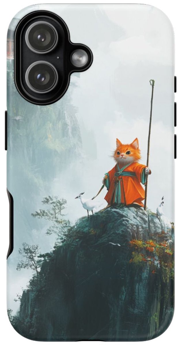 Oranje Kat in Oud Gewaad op Bergtop – Telefoonhoesje Geschikt voor iPhone 17
