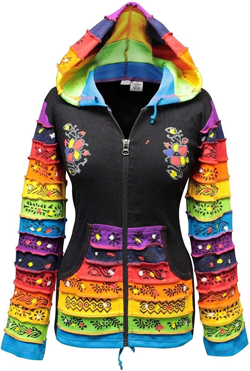 Dames Patchwork Pixie Capuchon Regenboog Patroon Jas – Hippy Stijl