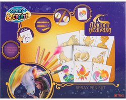 Unicorn Academy Spray Pen Set | 7 Kleuren Blaaspennen & 6 Sjablonen | Kleurset / Knutselset voor Kinderen vanaf 4 Jaar | Bekend van Netflix