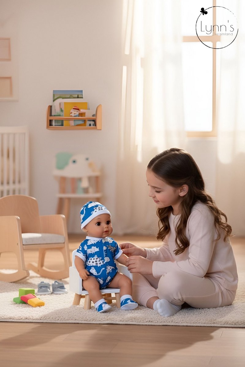 Poppenkleertjes voor babypop 43 cm - Romper met slofjes en muts - Dinosaurus - In cadeauzakje - Poppenkleding set geschikt voor o.a. Baby Born pop — afbeelding 3