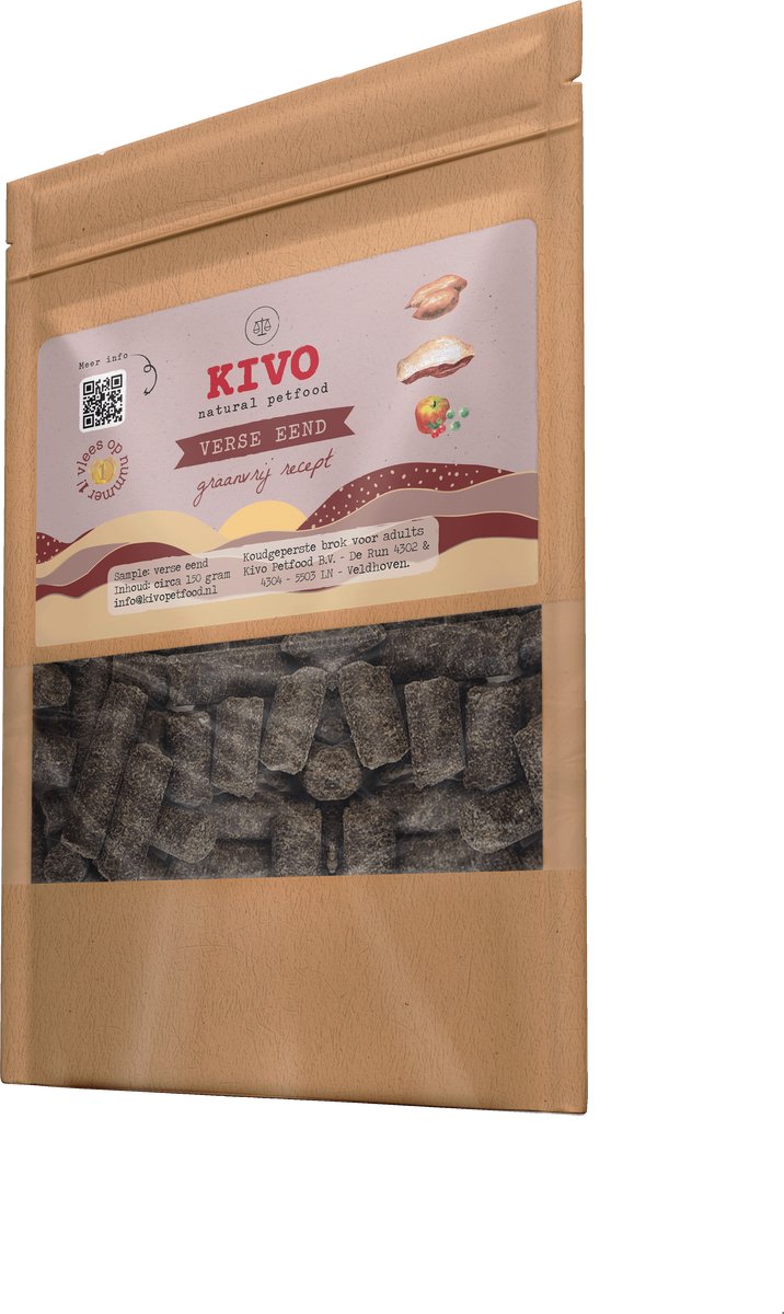 Kivo Petfood - PROEFZAKJE Hondenbrokken Verse Eend 300 gr - Graanvrij met vers vlees groenten fruit kruiden & superfoods!