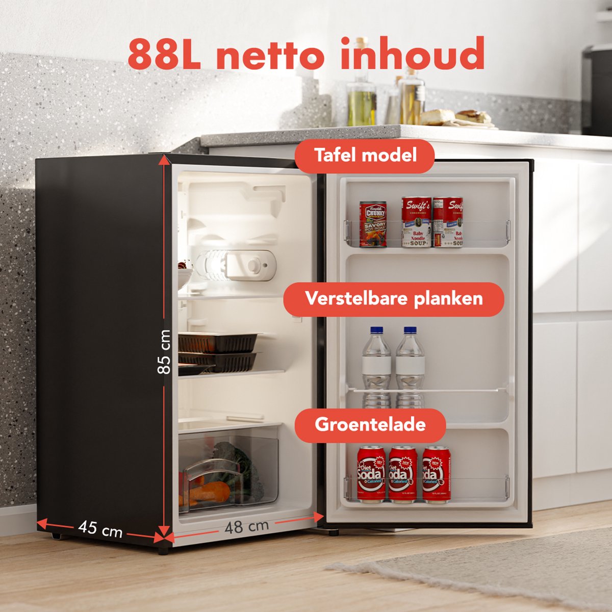 KitchenBrothers Koelkast - 88L - Tafelmodel - IJskast - Frigo - Vrijstaand - Zwart — afbeelding 5